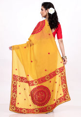 Mustard Yellow Crush Tissue Kantha Silk Saree With Blouse Piece - Adi Akshoy & co.