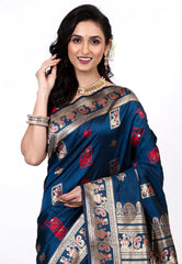 Navy Blue Baluchari Silk Saree with Blouse Piece - Adi Akshoy & Co.