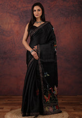 Black Kantha Silk Saree With Blouse Piece - Adi Akshoy & Co.