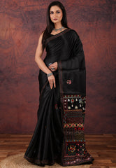 Black Kantha Silk Saree With Blouse Piece - Adi Akshoy & Co.