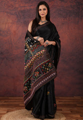 Black Kantha Silk Saree With Blouse Piece - Adi Akshoy & Co.