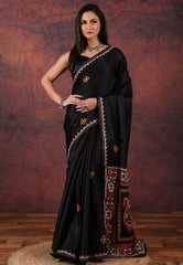 Black Kantha Silk Saree With Blouse Piece  - Adi Akshoy & Co.