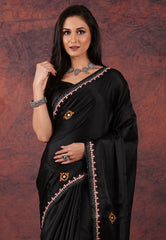 Black Kantha Silk Saree With Blouse Piece  - Adi Akshoy & Co.