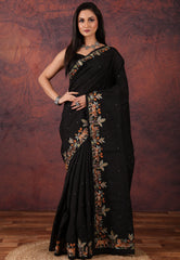 Black Kantha Silk Saree With Blouse Piece - Adi Akshoy & Co.