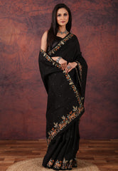 Black Kantha Silk Saree With Blouse Piece - Adi Akshoy & Co.