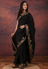 Black Kantha Silk Saree With Blouse Piece - Adi Akshoy & Co.