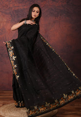 Black Kantha Silk Saree With Blouse Piece - Adi Akshoy & Co.