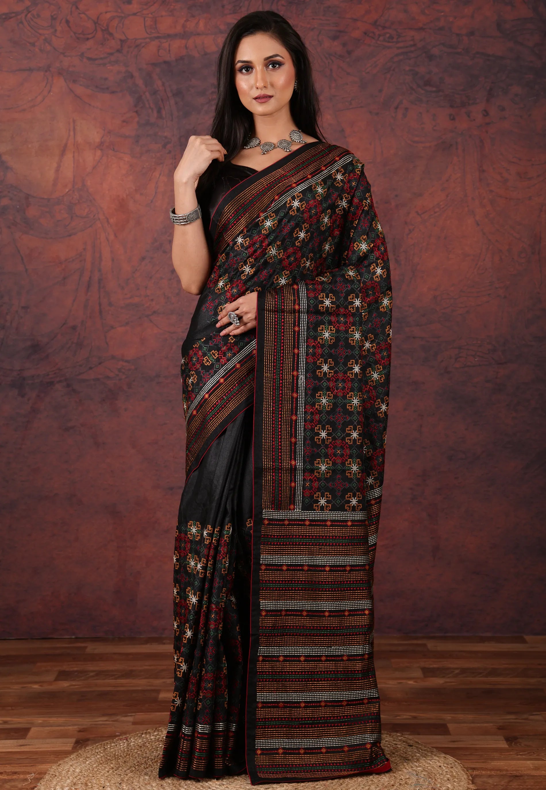 Black Kantha Silk Saree With Blouse Piece - Adi Akshoy & Co.