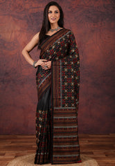 Black Kantha Silk Saree With Blouse Piece - Adi Akshoy & Co.