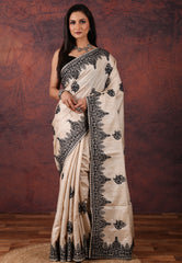 OffWhite Pure Tussar Kantha Silk Saree With Blouse Piece  - Adi Akshoy & Co.