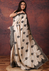 OffWhite Pure Tussar Kantha Silk Saree With Blouse Piece  - Adi Akshoy & Co.