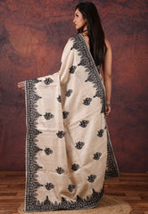 OffWhite Pure Tussar Kantha Silk Saree With Blouse Piece  - Adi Akshoy & Co.