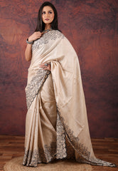 OffWhite Pure Tussar Kantha Silk Saree With Blouse Piece - Adi Akshoy & Co.