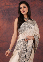 OffWhite Pure Tussar Kantha Silk Saree With Blouse Piece - Adi Akshoy & Co.