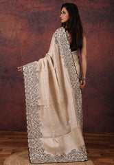 OffWhite Pure Tussar Kantha Silk Saree With Blouse Piece - Adi Akshoy & Co.