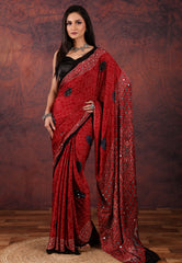 Red Mirror Work Modal Silk Saree With Blouse Piece - Adi Akshoy & Co.
