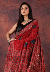 Red Mirror Work Modal Silk Saree With Blouse Piece - Adi Akshoy & Co.