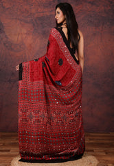 Red Mirror Work Modal Silk Saree With Blouse Piece - Adi Akshoy & Co.