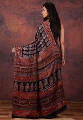 Black Pure Modal Work Silk Saree With Blouse Piece - Adi Akshoy & Co.