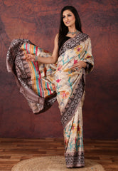 Beige Pure Tussar Kantha Silk Saree With Blouse Piece - Adi Akshoy & Co.