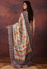 Beige Pure Tussar Kantha Silk Saree With Blouse Piece - Adi Akshoy & Co.
