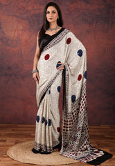 OffWhite Modal Mirror Work Silk Saree With Blouse Piece - Adi Akshoy & Co.