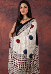 OffWhite Modal Mirror Work Silk Saree With Blouse Piece - Adi Akshoy & Co.
