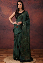 Bottle Green Modal Mirror Work Silk Saree With Blouse Piece - Adi Akshoy & Co.
