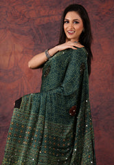 Bottle Green Modal Mirror Work Silk Saree With Blouse Piece - Adi Akshoy & Co.