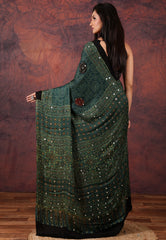 Bottle Green Modal Mirror Work Silk Saree With Blouse Piece - Adi Akshoy & Co.