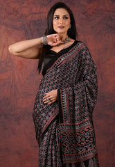 Black Modal Silk Saree With Blouse Piece - Adi Akshoy & Co.