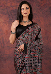 Black Modal Silk Saree With Blouse Piece - Adi Akshoy & Co.