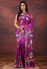 Magenta Kantha Silk Saree With Blouse Piece - Adi Akshoy & Co.