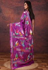 Magenta Kantha Silk Saree With Blouse Piece - Adi Akshoy & Co.