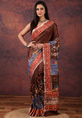 Brown Pure Tussar Kantha Silk Saree With Blouse Piece