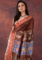 Brown Pure Tussar Kantha Silk Saree With Blouse Piece