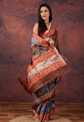 Brown Pure Tussar Kantha Silk Saree With Blouse Piece