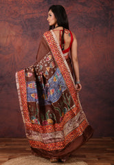 Brown Pure Tussar Kantha Silk Saree With Blouse Piece