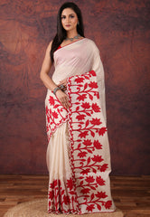 Beige Kantha Silk Saree With Blouse Piece - Adi Akshoy & Co.