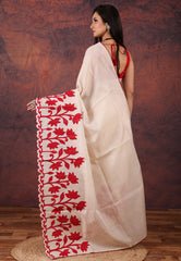 Beige Kantha Silk Saree With Blouse Piece - Adi Akshoy & Co.