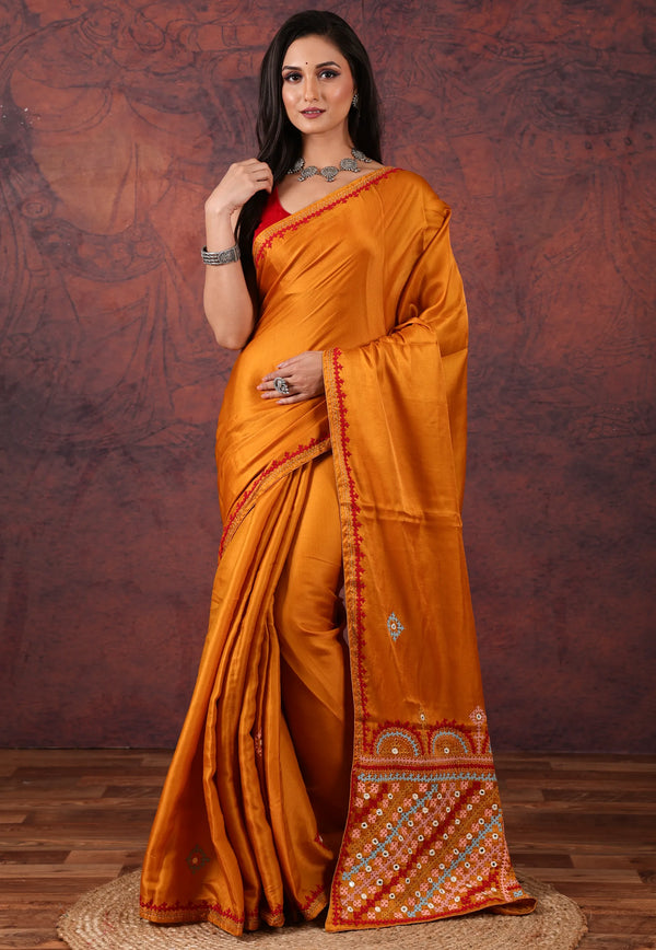 Mustard Yellow Kantha Silk Saree With Blouse Piece - Adi Akshoy & Co.