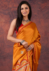 Mustard Yellow Kantha Silk Saree With Blouse Piece - Adi Akshoy & Co.