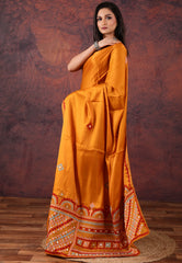 Mustard Yellow Kantha Silk Saree With Blouse Piece - Adi Akshoy & Co.