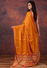 Mustard Yellow Kantha Silk Saree With Blouse Piece - Adi Akshoy & Co.