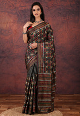 Black Kantha Silk Saree With Blouse Piece - Adi Akshoy & Co.
