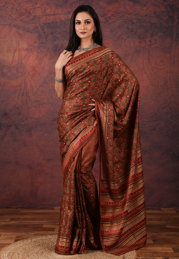 Brown Kantha Silk Saree With Blouse Piece - Adi Akshoy & Co.