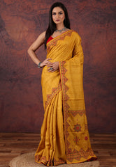Mustard Yellow Pure Tussar Kantha Silk Saree With Blouse Piece - Adi Akshoy & Co.