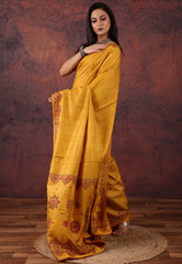 Mustard Yellow Pure Tussar Kantha Silk Saree With Blouse Piece - Adi Akshoy & Co.