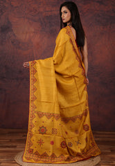 Mustard Yellow Pure Tussar Kantha Silk Saree With Blouse Piece - Adi Akshoy & Co.