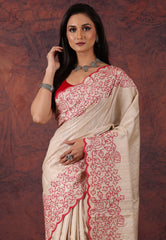 OffWhite Pure Tussar Kantha Silk Saree With Blouse Piece - Adi Akshoy & Co.